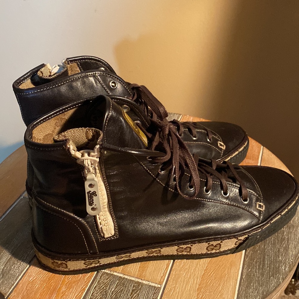 Mens Brown Vintage Gucci Hightop Leather Sneakers Size 9. - Picture 2 of 9